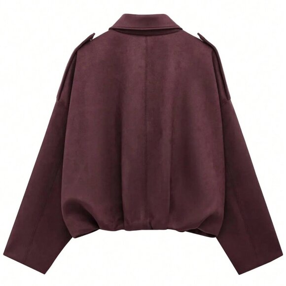 Burgundy Casual Women's  Loose Long Sleeves Zip Bomber Coat Jacket Outerwear - Picture 6 of 6